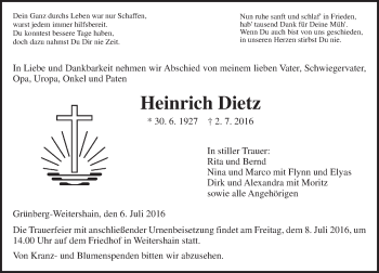 Traueranzeige von Heinrich Dietz von  Gießener Anzeiger