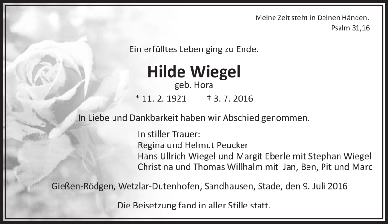  Traueranzeige für Hilde Wiegel vom 09.07.2016 aus  Gießener Anzeiger