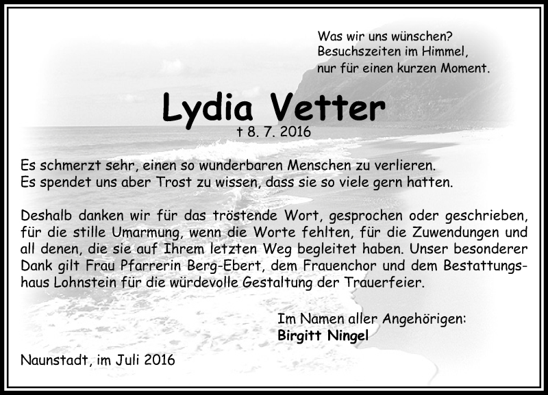  Traueranzeige für Lydia Vetter vom 30.07.2016 aus  Usinger Anzeiger
