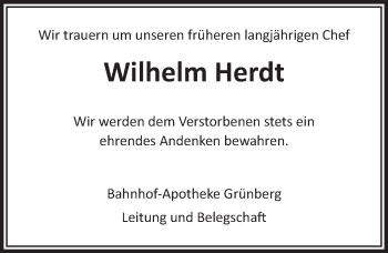 Traueranzeige von Wilhelm Herdt von  Gießener Anzeiger