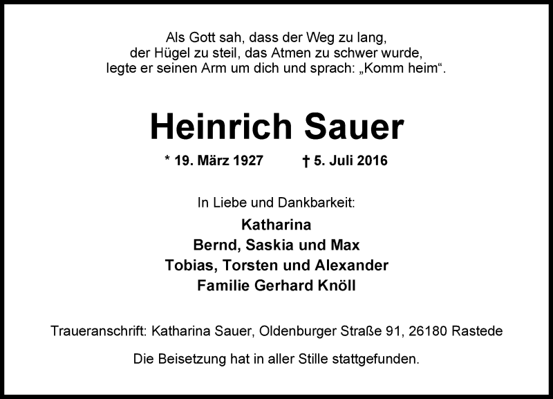  Traueranzeige für Heinrich Sauer vom 09.07.2016 aus  Oberhessische Zeitung