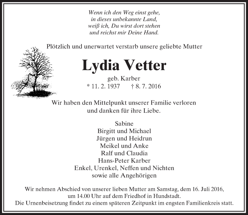  Traueranzeige für Lydia Vetter vom 13.07.2016 aus  Usinger Anzeiger