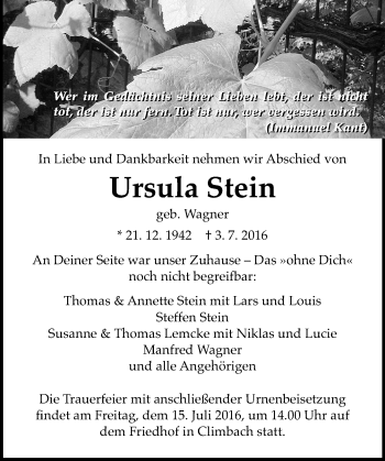 Traueranzeige von Ursula Stein von  Gießener Anzeiger