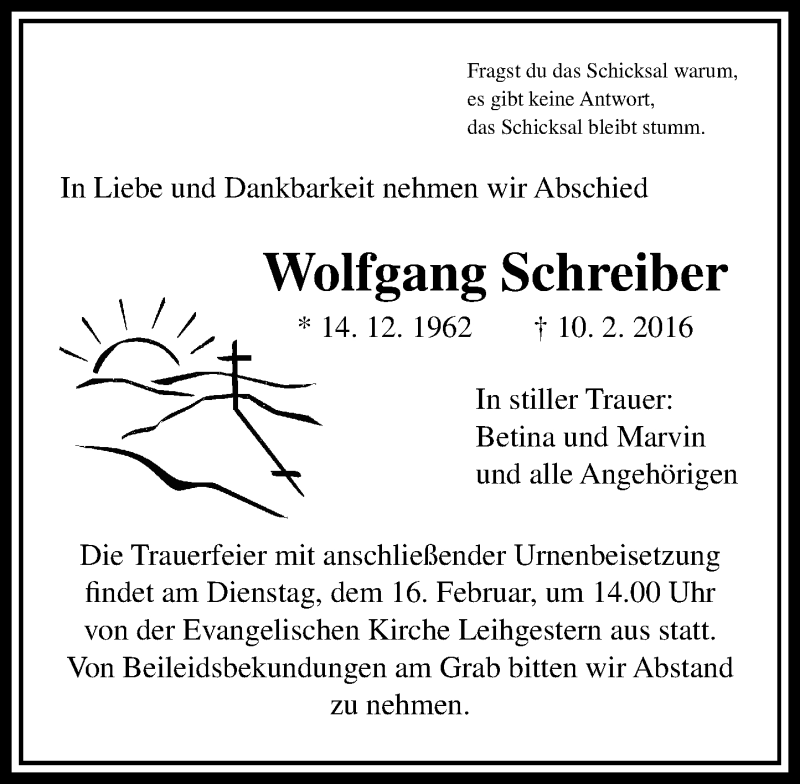  Traueranzeige für Wolfgang Schreiber vom 13.02.2016 aus  Gießener Anzeiger
