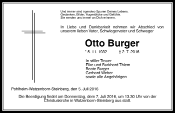 Traueranzeige von Otto Burger von  Gießener Anzeiger