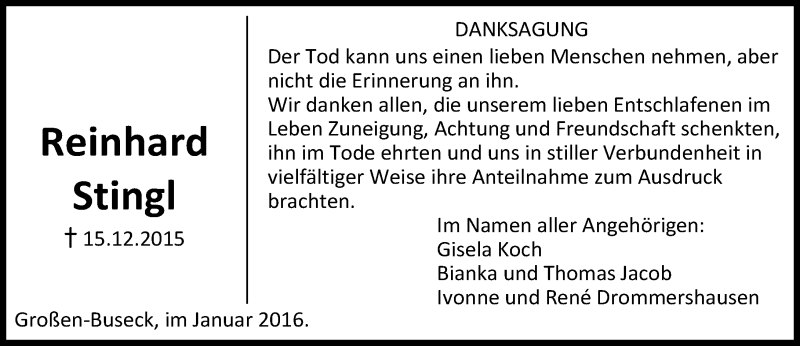  Traueranzeige für Reinhard Stingl vom 08.01.2016 aus  Busecker Anzeiger