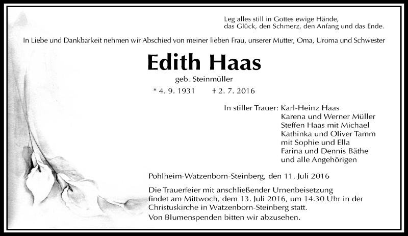  Traueranzeige für Edith Haas vom 11.07.2016 aus  Gießener Anzeiger