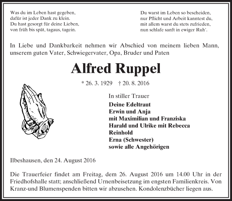  Traueranzeige für Alfred Ruppel vom 24.08.2016 aus  Lauterbacher Anzeiger