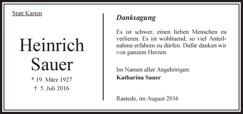  Traueranzeige für Heinrich Sauer vom 13.08.2016 aus  Oberhessische Zeitung