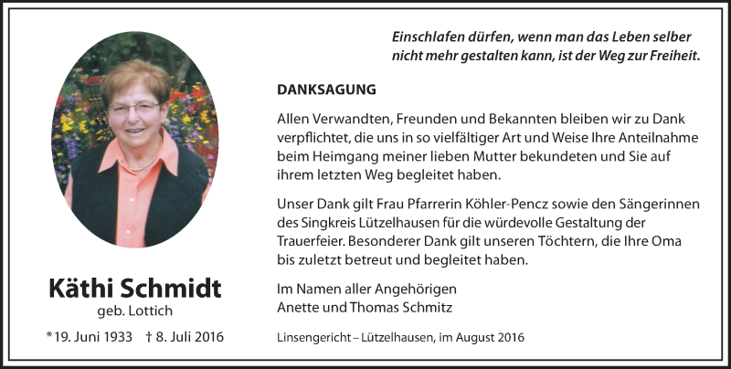  Traueranzeige für Käthi Schmidt vom 26.08.2016 aus  Gelnhäuser Tageblatt