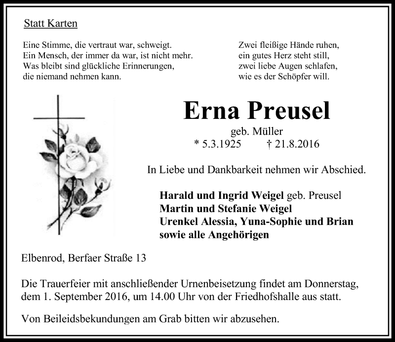  Traueranzeige für Erna Preusel vom 29.08.2016 aus  Oberhessische Zeitung