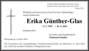 Traueranzeige von Erika Günther-Glas von  Gelnhäuser Tageblatt