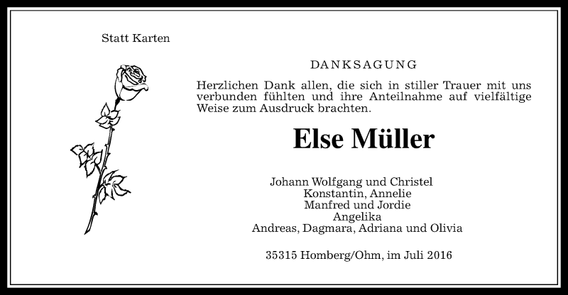  Traueranzeige für Else Müller vom 30.07.2016 aus  Oberhessische Zeitung