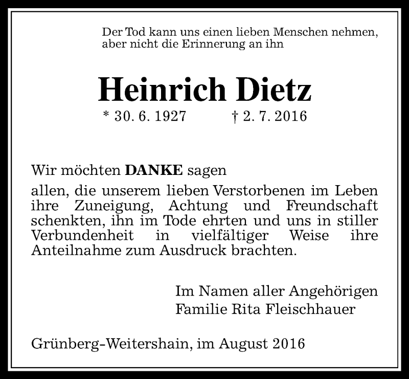  Traueranzeige für Heinrich Dietz vom 06.08.2016 aus  Gießener Anzeiger