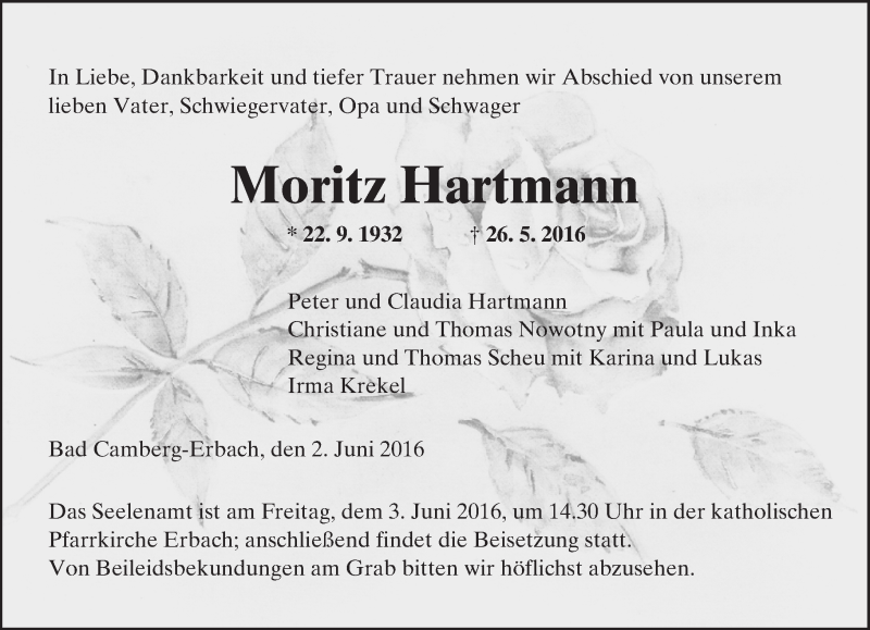  Traueranzeige für Moritz Hartmann vom 02.06.2016 aus  Camberger Anzeiger