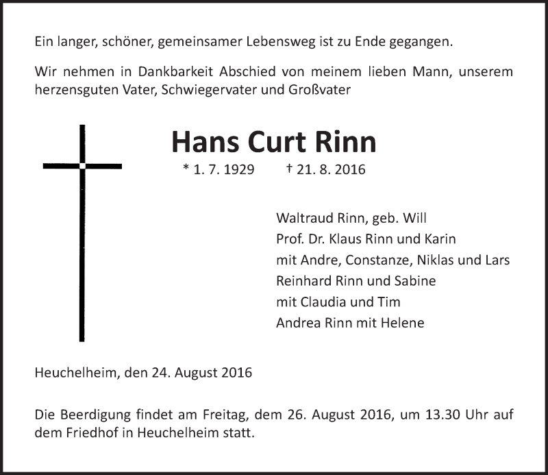  Traueranzeige für Hans Curt Rinn vom 24.08.2016 aus  Gießener Anzeiger