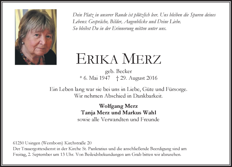  Traueranzeige für Erika Merz vom 31.08.2016 aus  Usinger Anzeiger