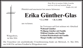 Traueranzeige von Erika Günther-Glas von  Gelnhäuser Tageblatt