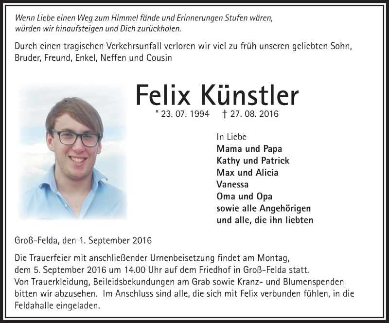  Traueranzeige für Felix Künstler vom 01.09.2016 aus  Oberhessische Zeitung