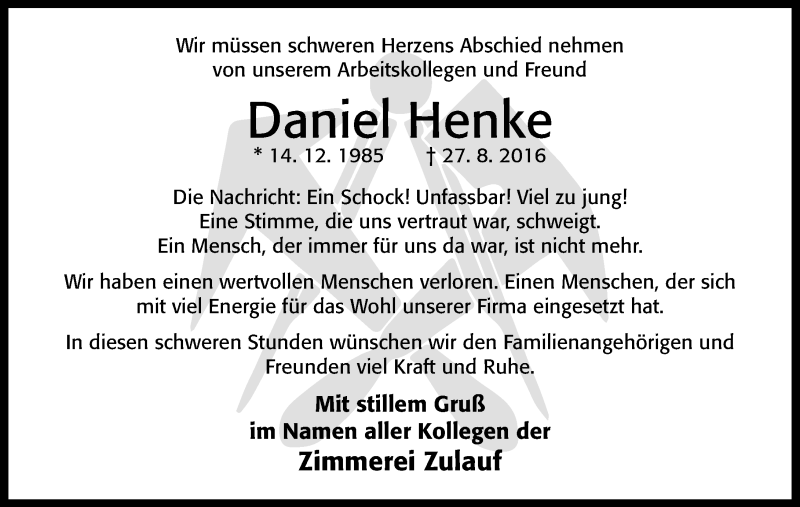  Traueranzeige für Daniel Henke vom 03.09.2016 aus  Lauterbacher Anzeiger