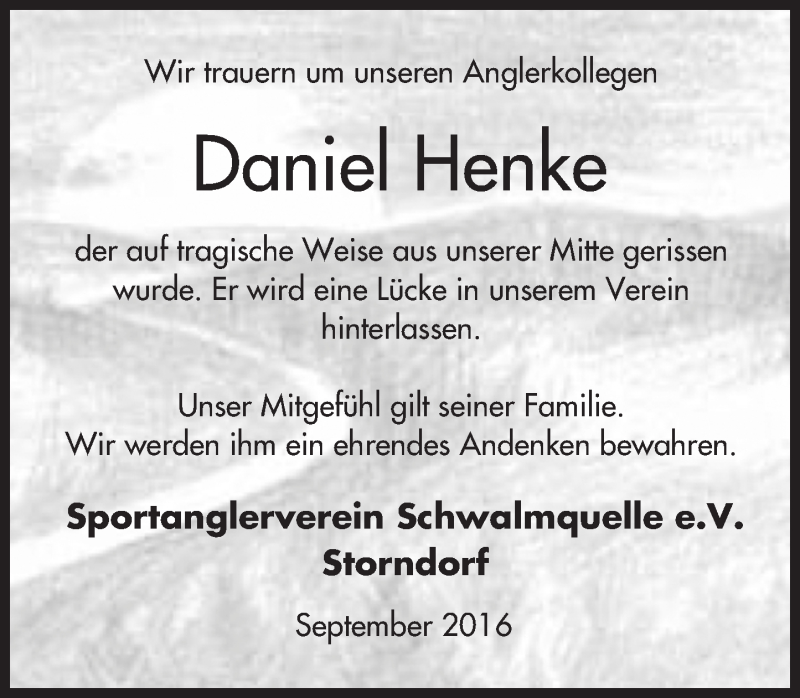  Traueranzeige für Daniel Henke vom 06.09.2016 aus  Lauterbacher Anzeiger