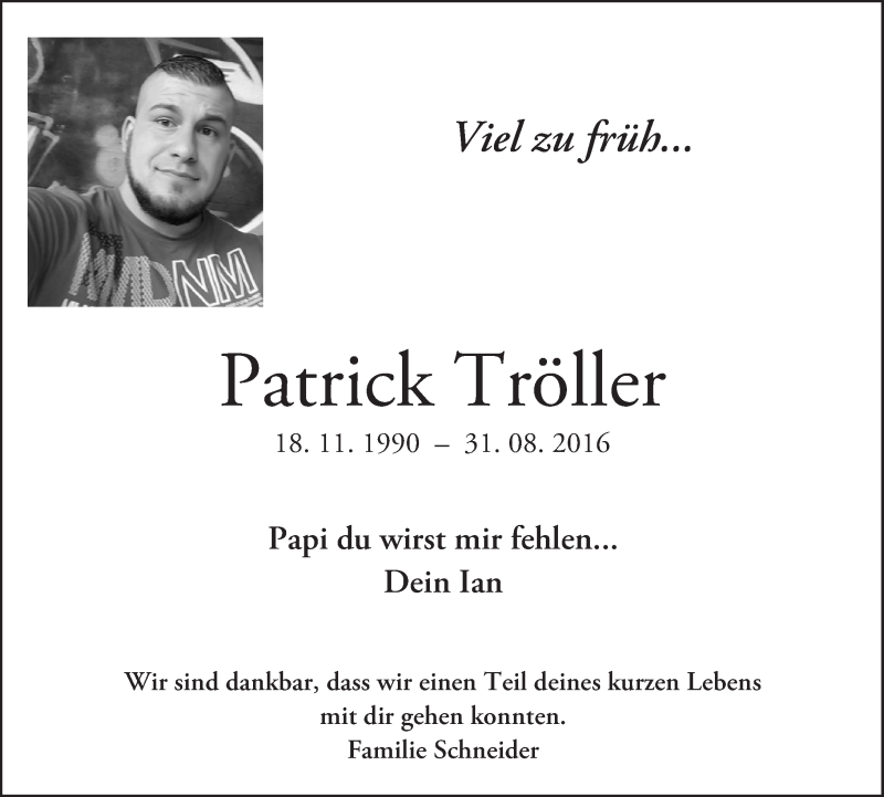  Traueranzeige für Patrick Tröller vom 12.09.2016 aus VRM Trauer