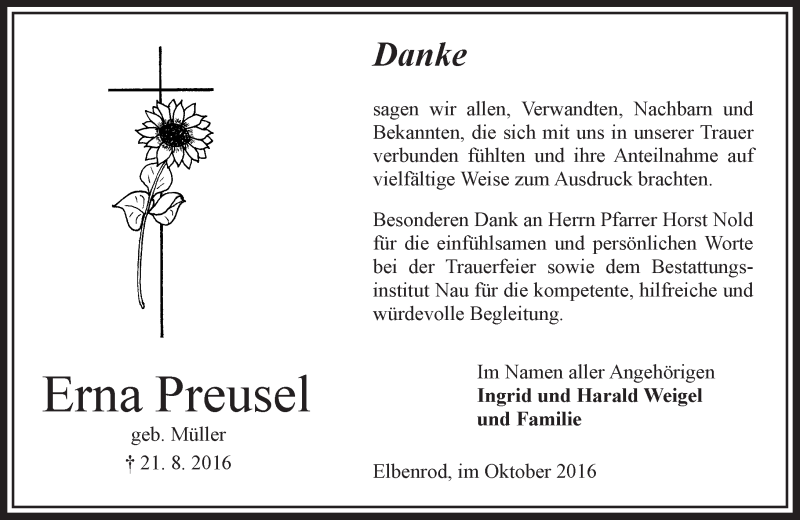  Traueranzeige für Erna Preusel vom 01.10.2016 aus  Oberhessische Zeitung
