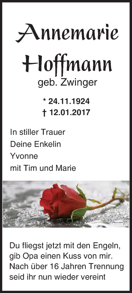  Traueranzeige für Annemarie Hoffmann vom 17.01.2017 aus  Usinger Anzeiger