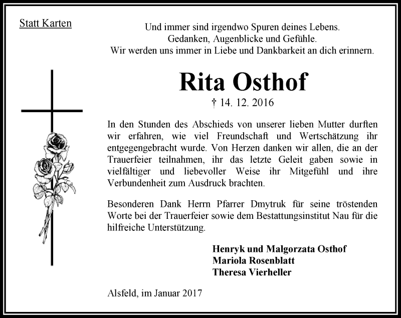  Traueranzeige für Rita Osthof vom 28.01.2017 aus  Oberhessische Zeitung