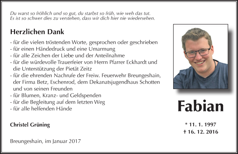  Traueranzeige für Fabian Grüning vom 21.01.2017 aus  Lauterbacher Anzeiger