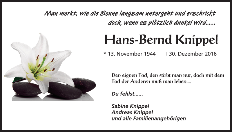  Traueranzeige für Hans-Bernd Knippel vom 07.01.2017 aus  Gießener Anzeiger