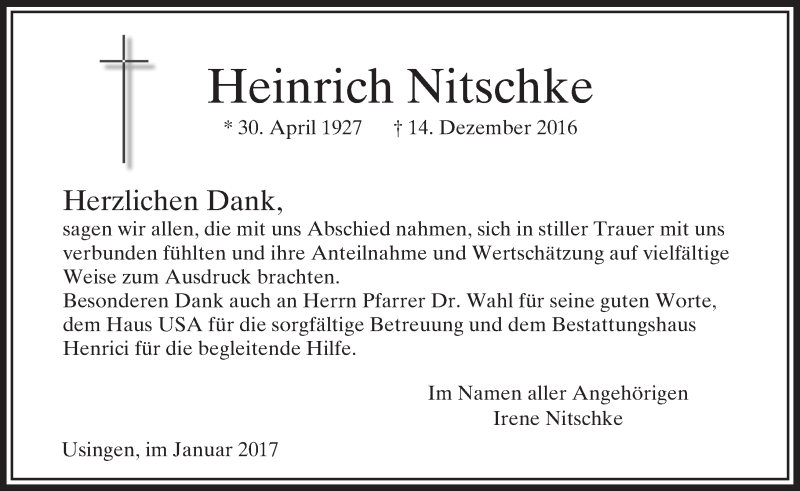  Traueranzeige für Heinrich Nitschke vom 07.01.2017 aus  Usinger Anzeiger