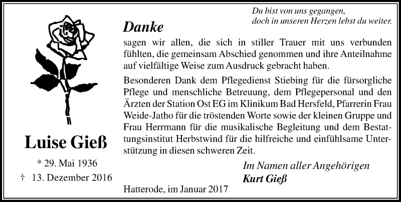  Traueranzeige für Luise Gieß vom 07.01.2017 aus  Oberhessische Zeitung