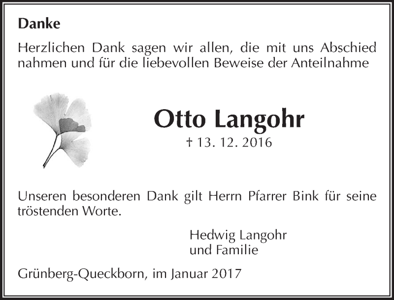  Traueranzeige für Otto Langohr vom 28.01.2017 aus  Gießener Anzeiger