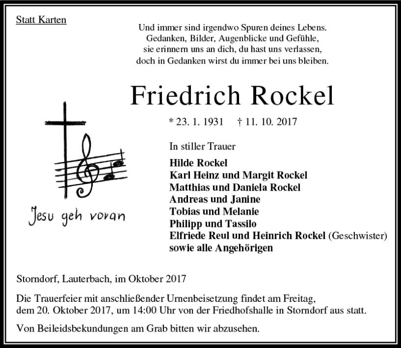  Traueranzeige für Friedrich Rockel vom 18.10.2017 aus  Oberhessische Zeitung