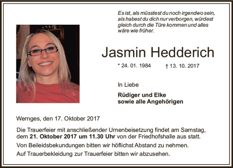  Traueranzeige für Jasmin Hedderich vom 17.10.2017 aus VRM Trauer