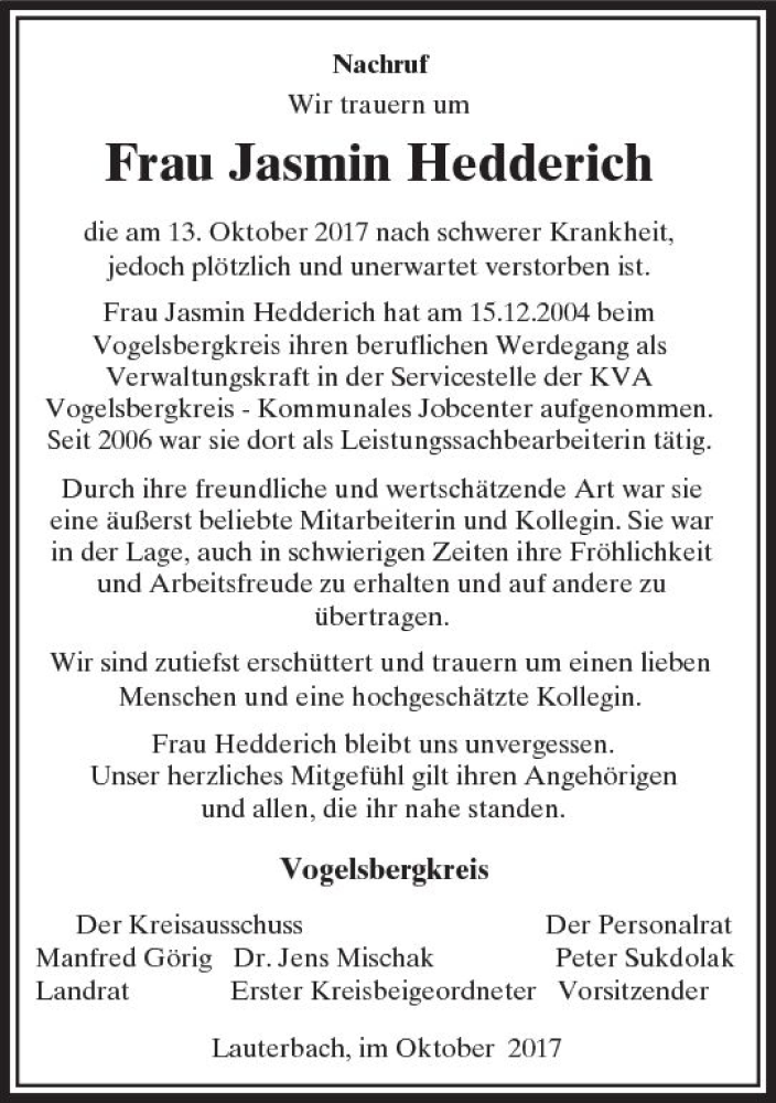  Traueranzeige für Jasmin Hedderich vom 20.10.2017 aus VRM Trauer