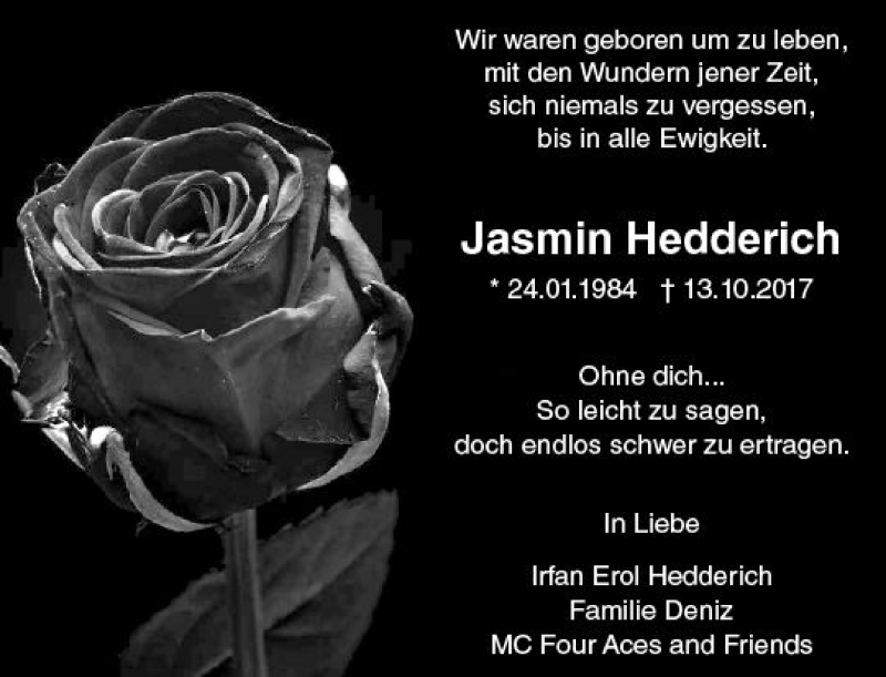  Traueranzeige für Jasmin Hedderich vom 18.10.2017 aus VRM Trauer