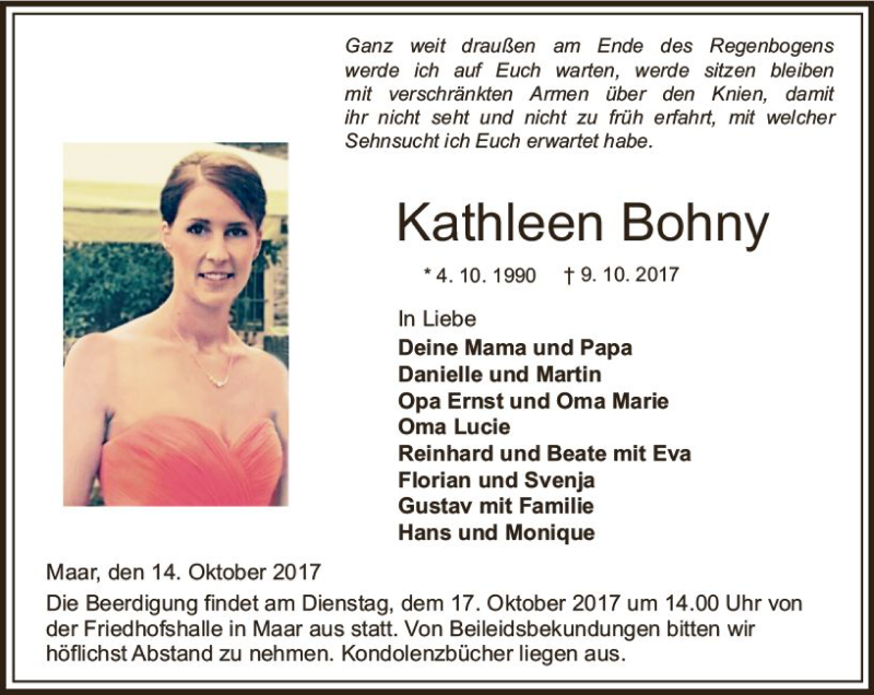 Traueranzeige für Kathleen Bohny vom 14.10.2017 aus  Lauterbacher Anzeiger