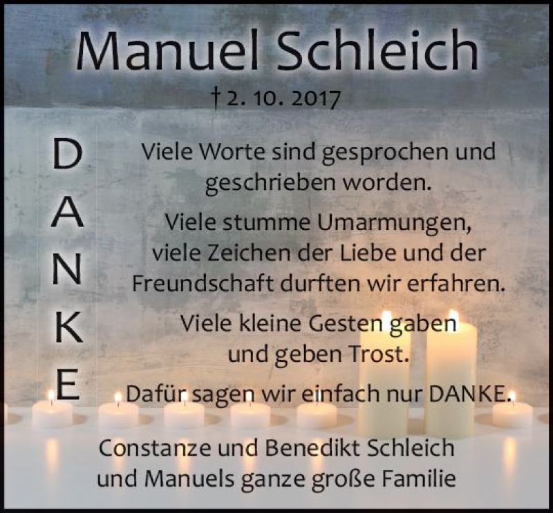  Traueranzeige für Manuel Schleich vom 28.10.2017 aus VRM Trauer