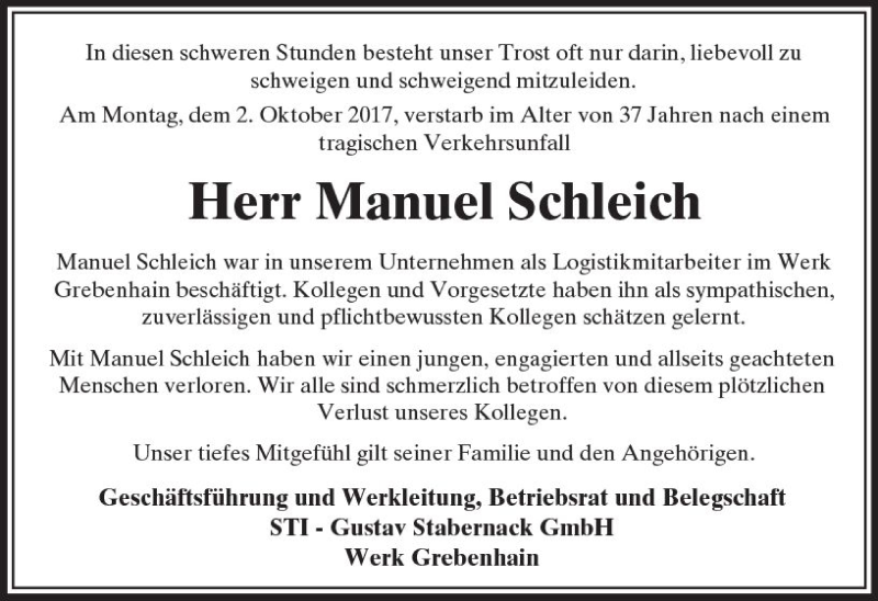  Traueranzeige für Manuel Schleich vom 07.10.2017 aus VRM Trauer