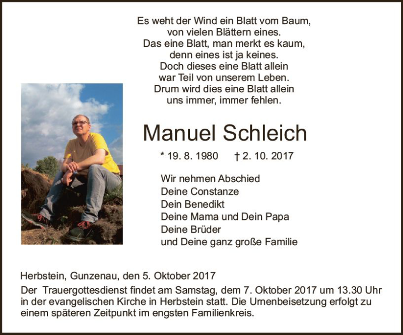  Traueranzeige für Manuel Schleich vom 05.10.2017 aus VRM Trauer