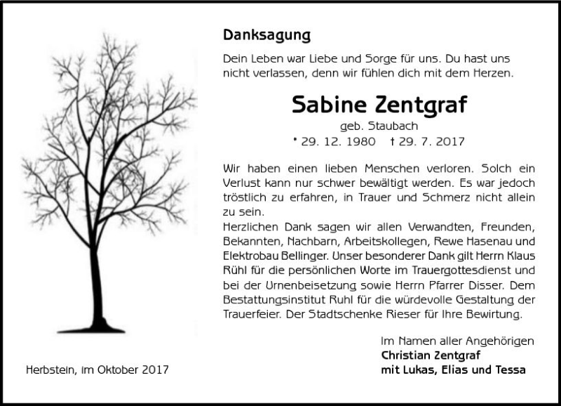  Traueranzeige für Sabine Zentgraf vom 28.10.2017 aus  Lauterbacher Anzeiger
