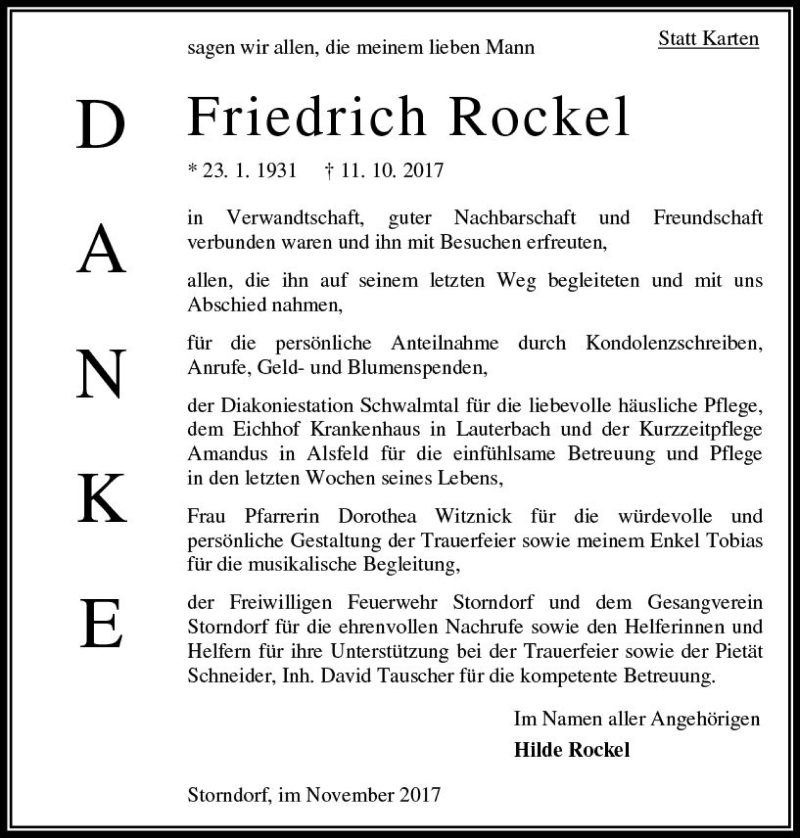  Traueranzeige für Friedrich Rockel vom 11.11.2017 aus  Oberhessische Zeitung