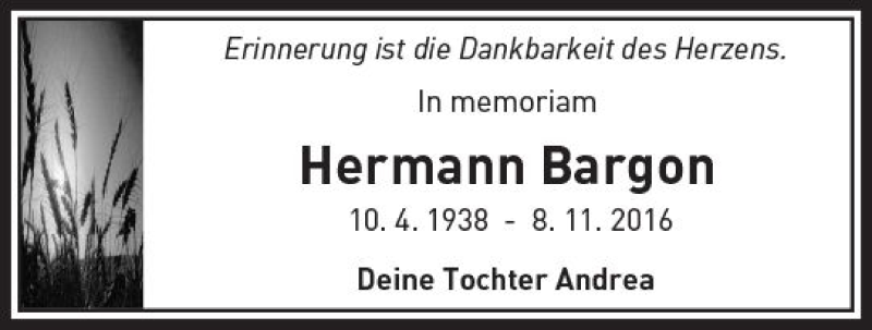  Traueranzeige für Hermann Bargon vom 02.11.2017 aus  Camberger Anzeiger