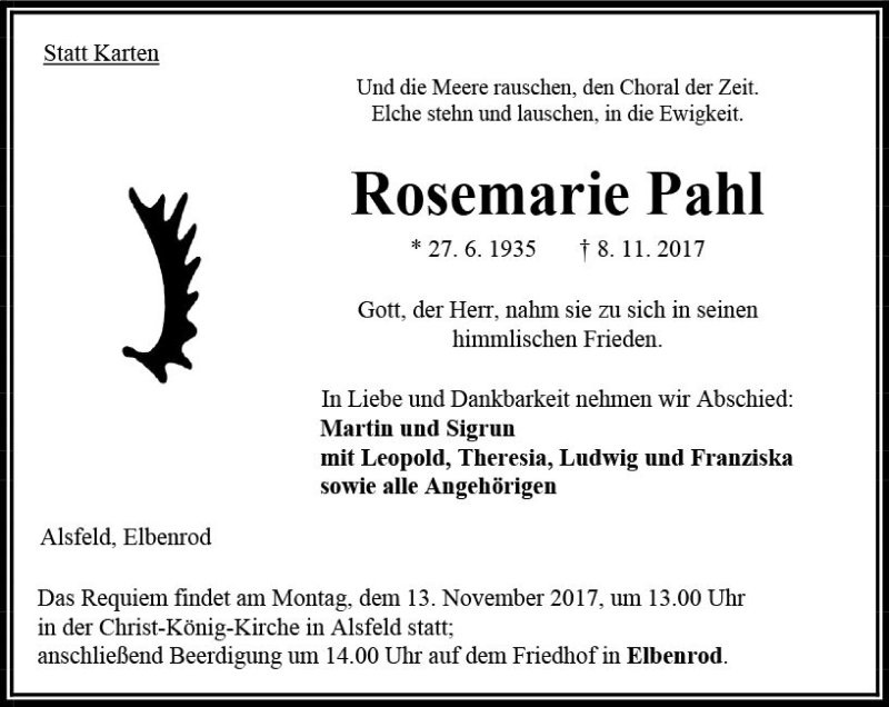  Traueranzeige für Rosemarie Pahl vom 10.11.2017 aus  Oberhessische Zeitung