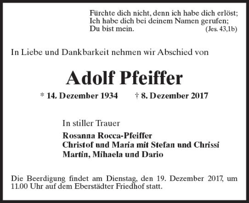  Traueranzeige für Adolf Pfeiffer vom 16.12.2017 aus Trauerportal Echo Online