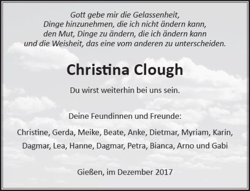 Traueranzeige für Christina Clough vom 29.12.2017 aus  Gießener Anzeiger