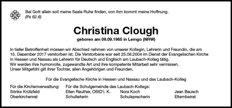  Traueranzeige für Christina Clough vom 21.12.2017 aus  Gießener Anzeiger