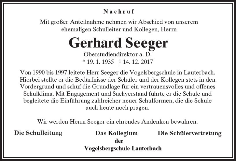  Traueranzeige für Gerhard Seeger vom 22.12.2017 aus  Lauterbacher Anzeiger